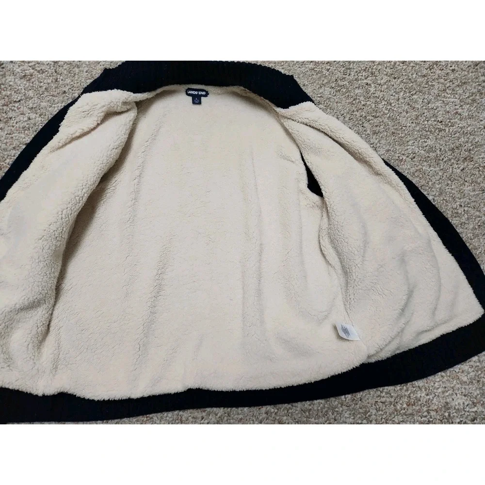 Lands' End Navy Textured Wool Blend Sherpa Trim Button Sweater Men's Large 42-44